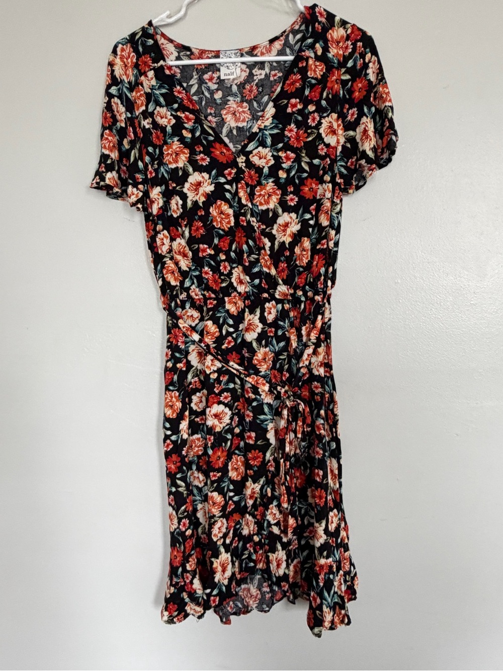 NAIF Black Floral Wrap Mini Dress with Red & Cream Blooms